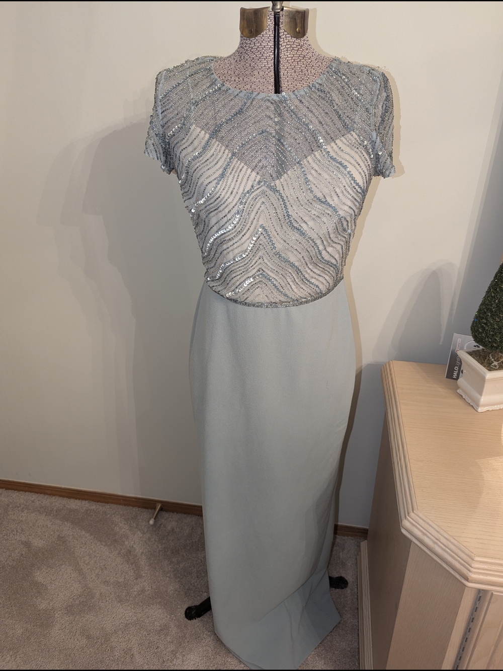 Adrianna Papell Silver Beaded Cap-Sleeve Evening Gown